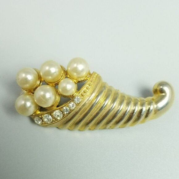 Vintage Cornucopia Gold Tone Faux Pearl and Rhinestone Brooch, Lapel Pin - Picture 1 of 6